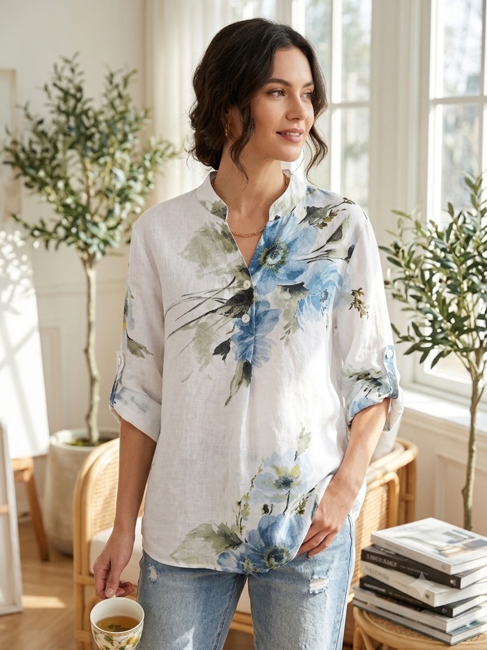 Gigi Moda Italy Linen Floral Blouse Shirt Roll Tab Sleeve Tunic